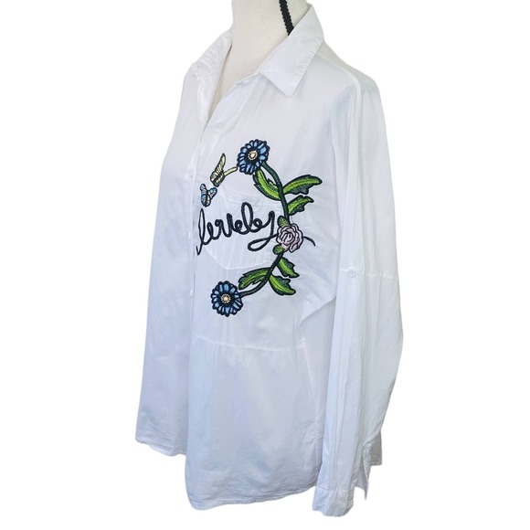 Embroidered Button Down Boxy Top Womens L White Floral Lovely Boho Art to Wear - Picture 3 of 9